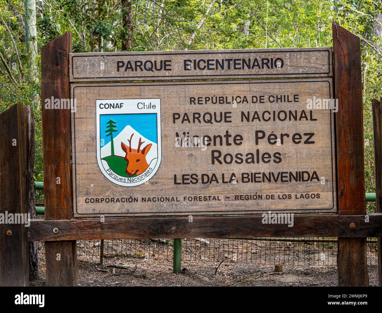 Signpost of National Park Vicente Perez Rosales, Conaf, Chile Stock Photo