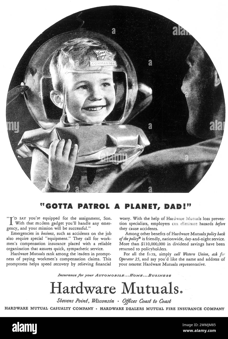1953 Hardware Mutuals Insurance boy astronaut space helmet ad Stock Photo