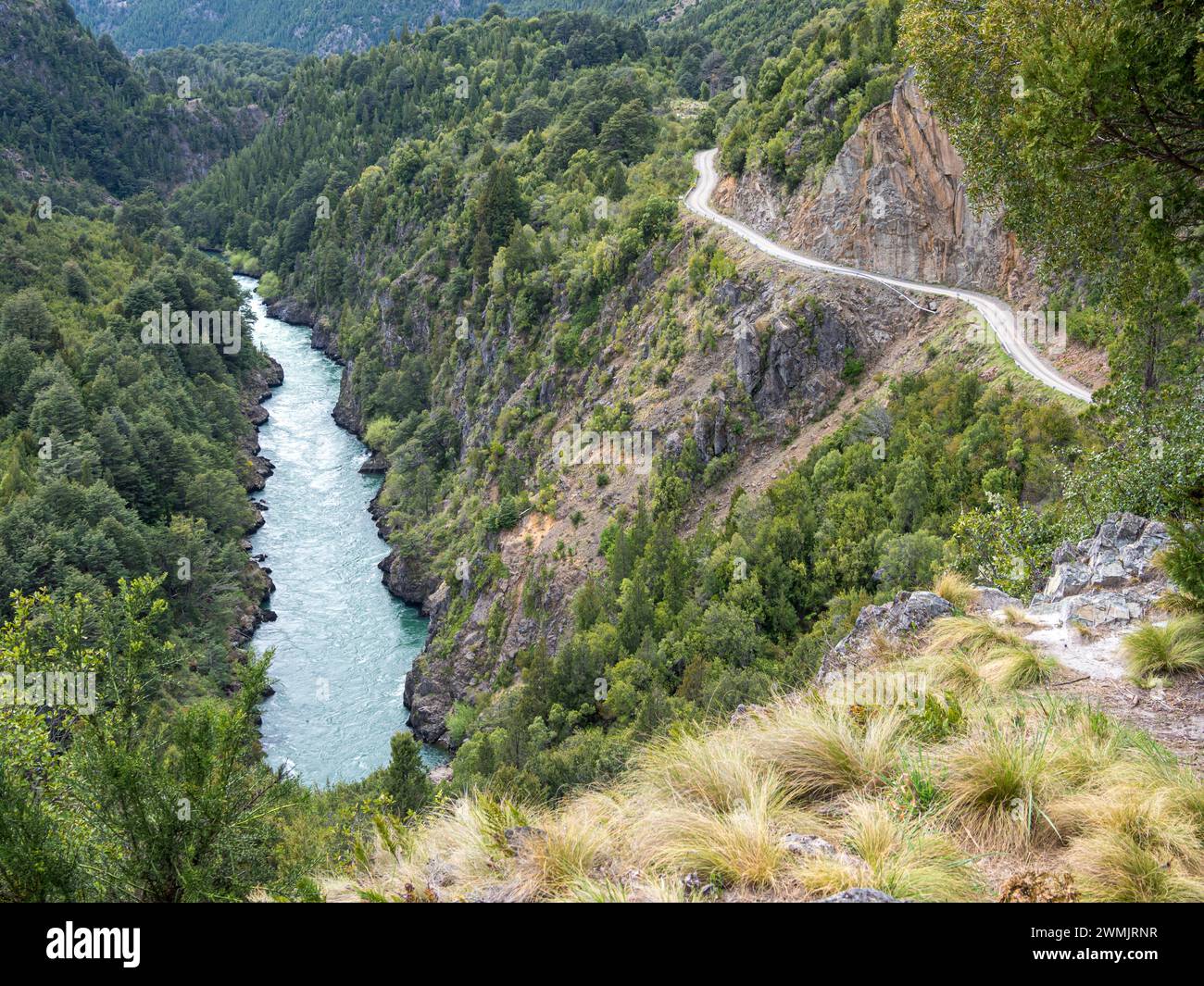 Futaleufu river flowing in a deep gorge, viewpoint Mirador del Diablo, mountain road built into steep walls of rock, aerial view, Patagonia, Chile Stock Photo