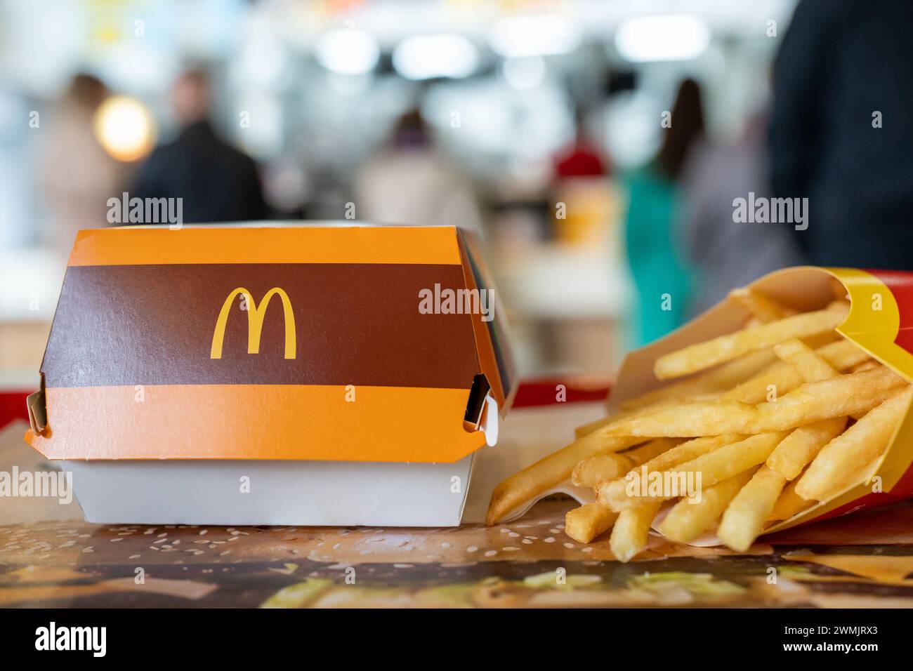 Big Mac Box with McDonald's logo and French fries in McDonald's Restaurant. Minsk, Belarus, May 28, 2022 Stock Photo