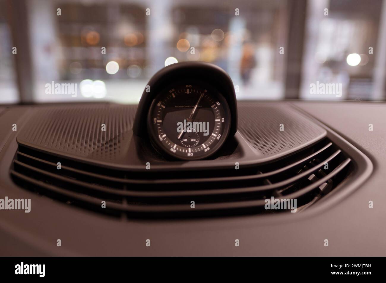 Closeup Porsche Sport chrono clock, cockpit Porsche Taycan Turbo S Chrono Package, ultra sporty