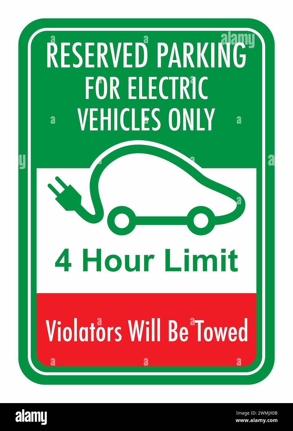 Sign indicating reserved parking for electric vehicles with 4 hour stay limit Stock Photo