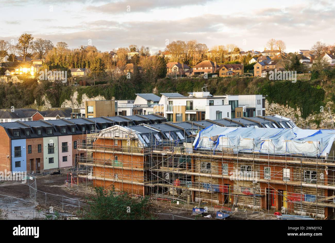New build housing in Chepstow, Monmouthshire, town centre Stock Photo