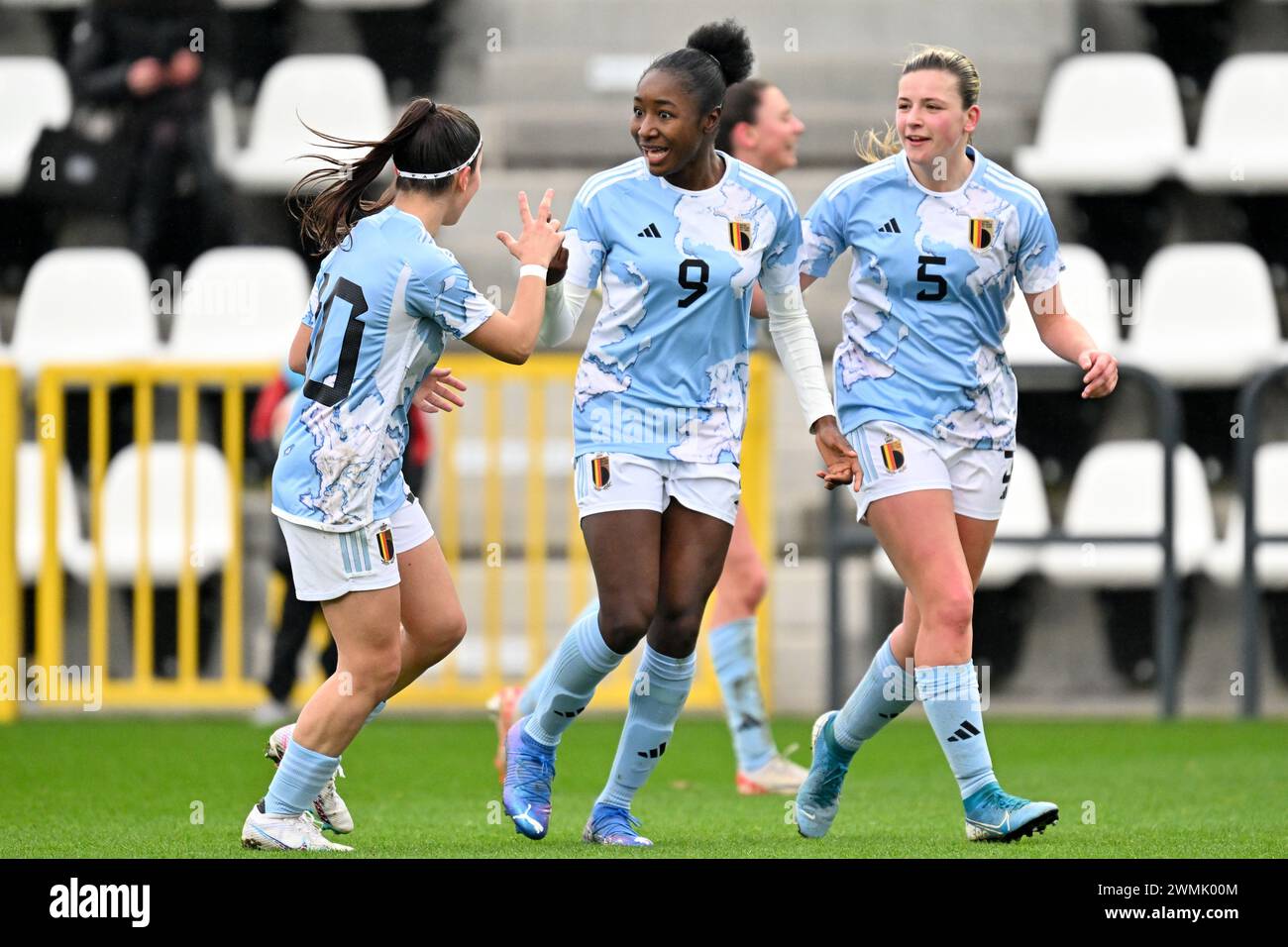 Veronique Zang Bikoula (9) of Belgium celebrating with teammates after scoring the 3-1 goal during a friendly soccer game between the national women under 19 teams of Belgium and Switzerland on  Monday 26 February 2024  in Tubize , Belgium . PHOTO SPORTPIX | David Catry Stock Photo