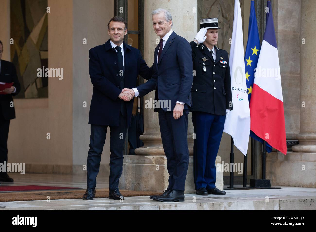 Paris, France, Monday 26 february 2024, Support Conference for Ukraine, M Jonas Gahr Store, Head of Government of Norway, Emmanuel Macron, French President, Credit François Loock / Alamy Live News Stock Photo