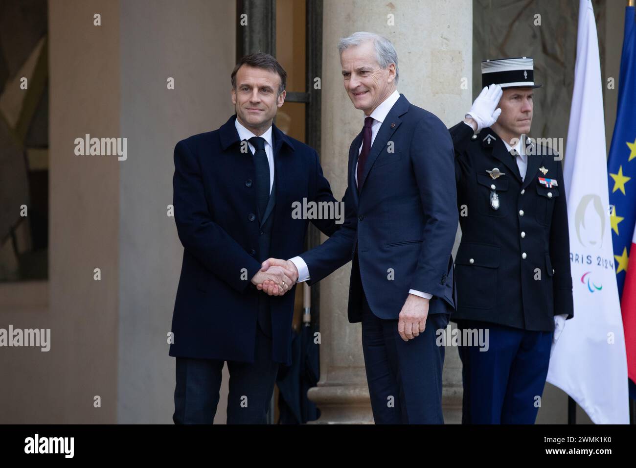 Paris, France, Monday 26 february 2024, Support Conference for Ukraine, M Jonas Gahr Store, Head of Government of Norway, Emmanuel Macron, French President, Credit François Loock / Alamy Live News Stock Photo