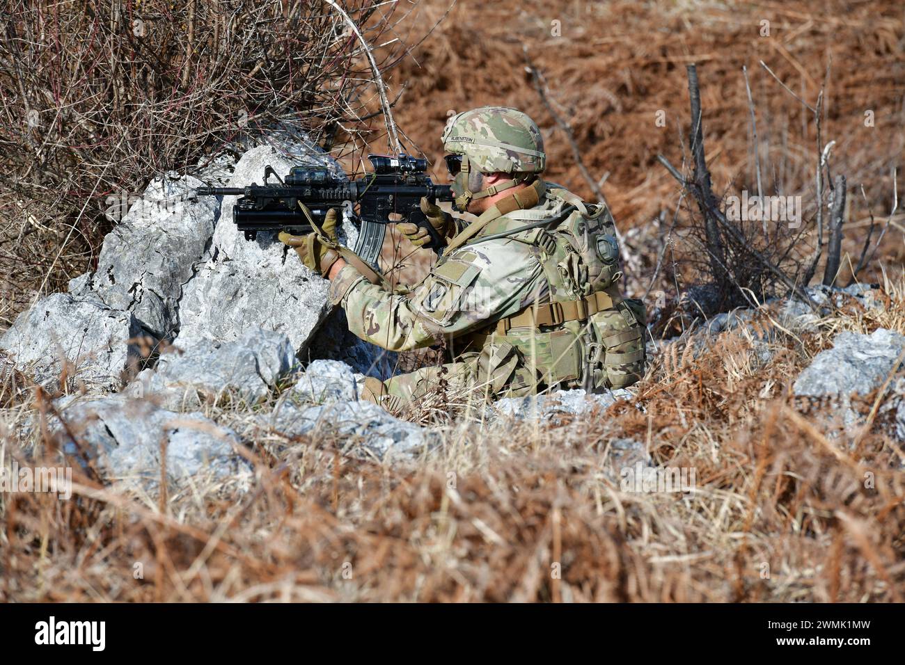 A U.S. Army Paratrooper from the 1st Battalion, 503rd Infantry Regiment, 173rd Airborne Brigade, targets an objective using an M4 rifle during team live-fire and tactical movement training as part of Eagle Ursa at the training range in Slunj, Croatia, on February 25, 2024. The 173rd Airborne Brigade is the U.S. Army's Contingency Response Force in Europe, providing rapidly deployable forces to the United States European, African, and Central Command areas of responsibility. Forward deployed across Italy and Germany, the brigade routinely trains alongside NATO allies and partners to build partn Stock Photo