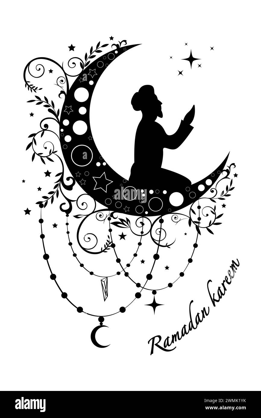 Silhouette of a Muslim praying on Cescent moon, Ramadan concept in boho style. Islamic symbol can be used for the month of Ramadan, Eid, Eid Al-Adha Stock Vector