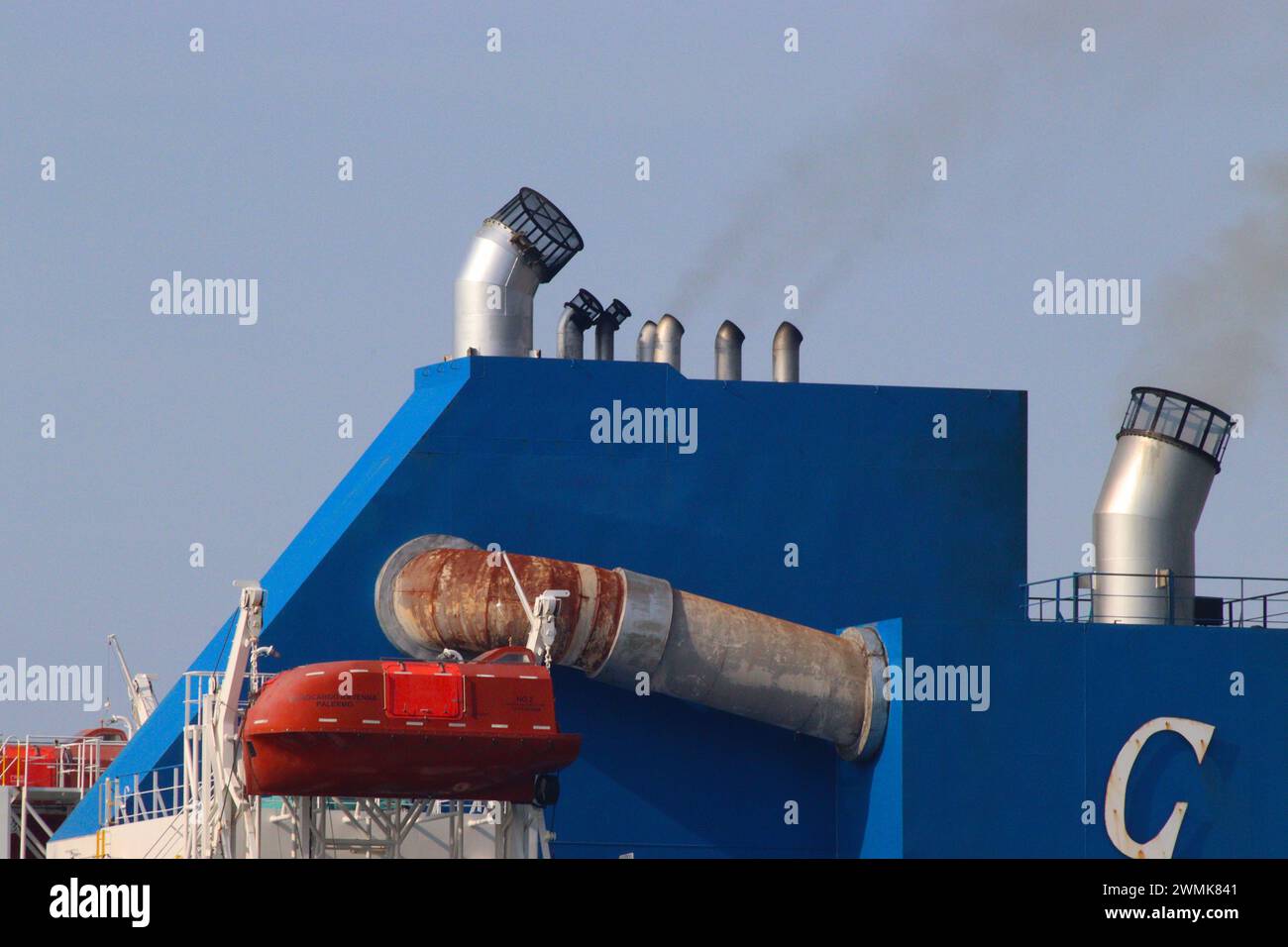External mesh filters on a ship’s funnel to help prevent airborne particulates from polluting the environment. Stock Photo