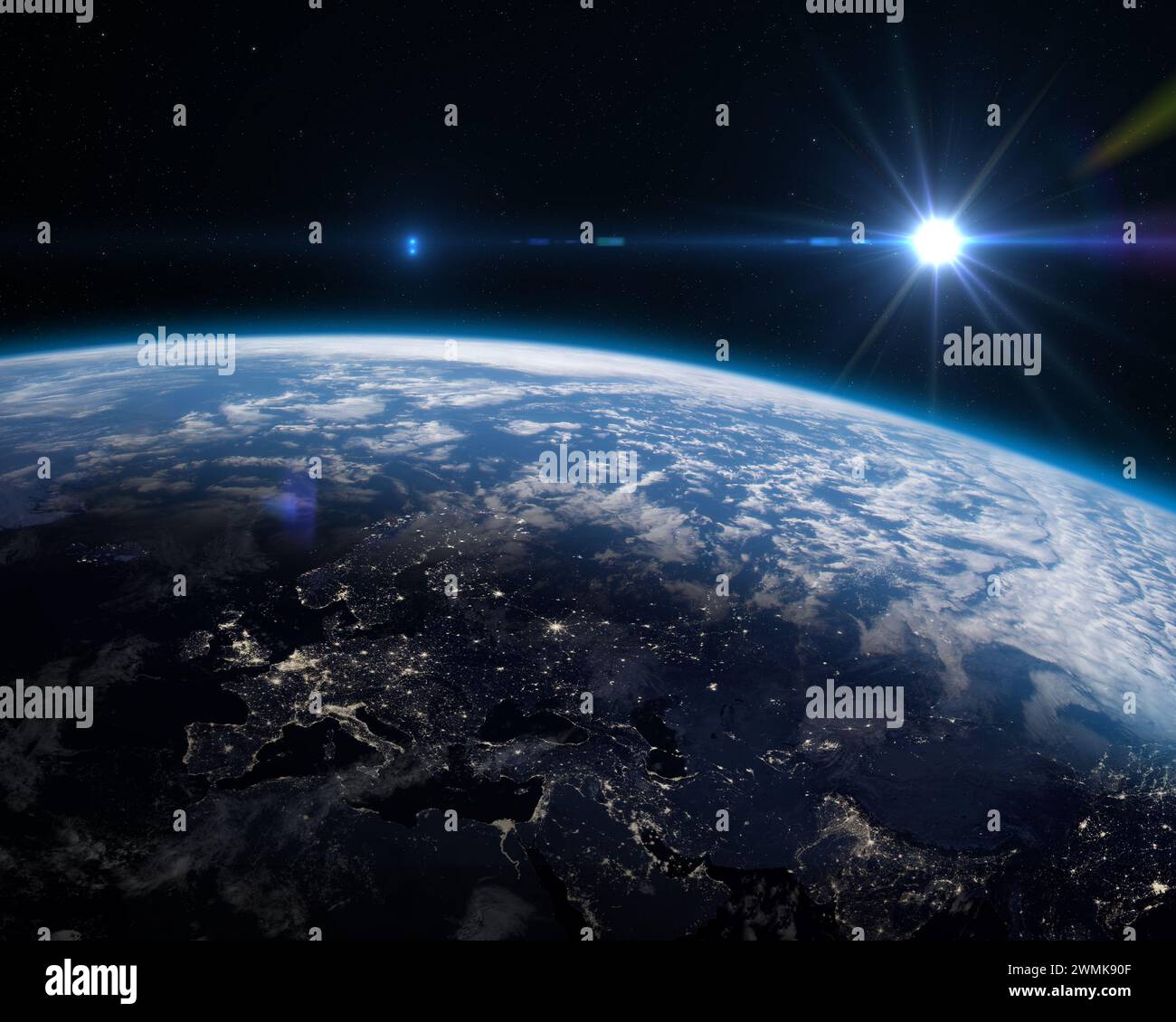 Planet Earth from the space at night and Sun. Elements of this image furnished by NASA. Stock Photo