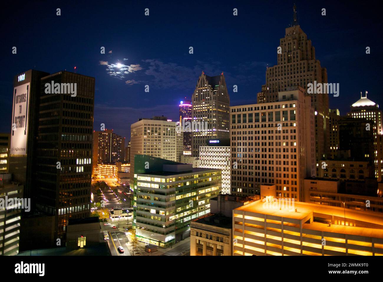 Downtown Detroit's skyscrapers touch the night sky; Detroit, Michigan, United States of America Stock Photo