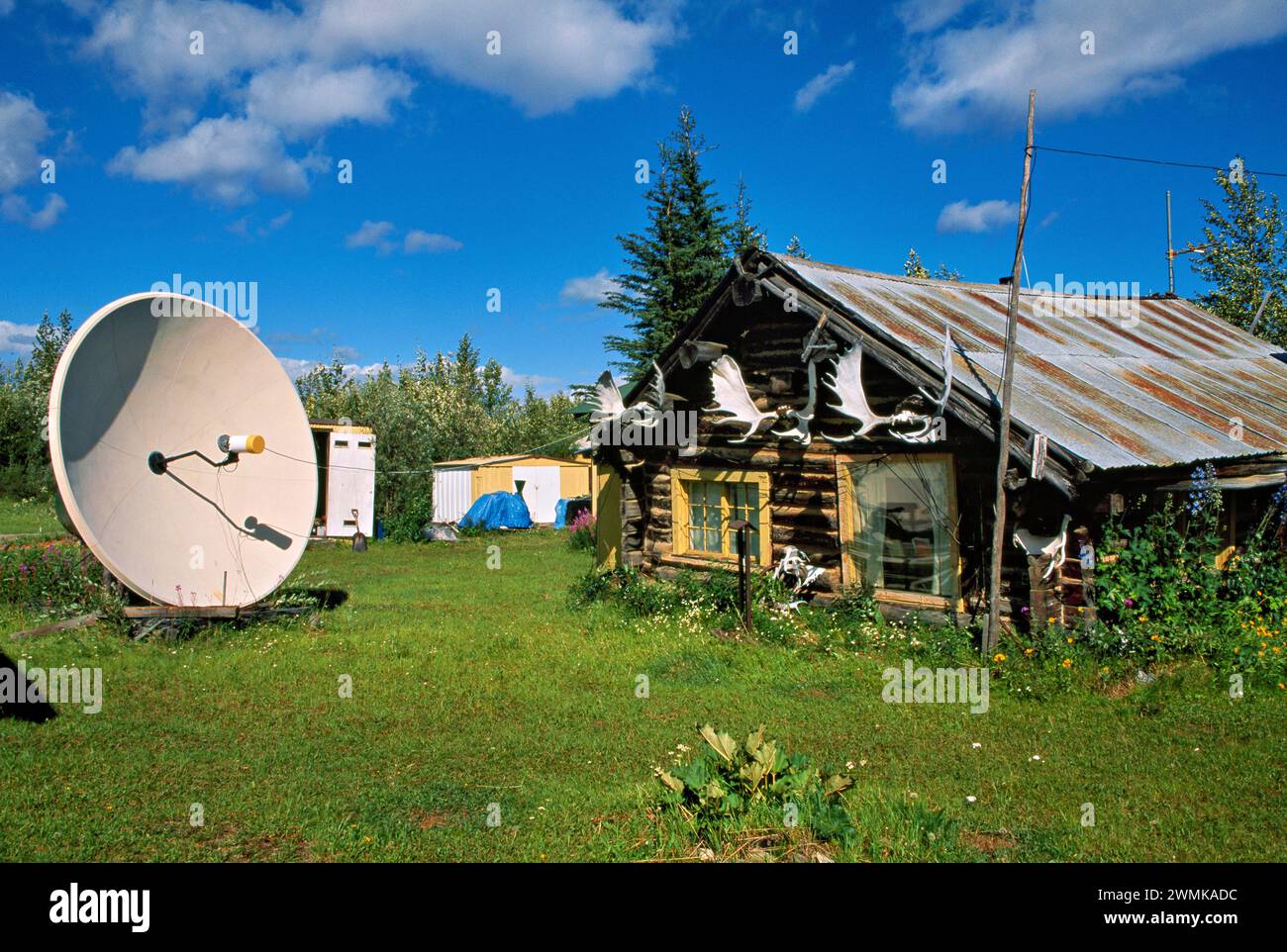 Residents of a historic, rustic log cabin hooked up to the modern amenity of receiving satellite television. Moose antlers adorn the walls of the c... Stock Photo