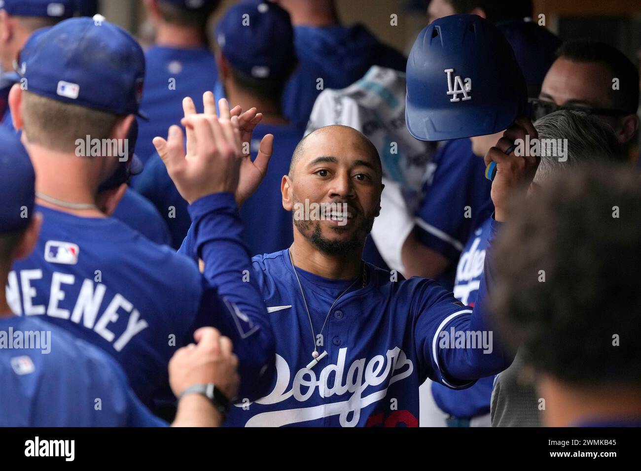 Los Angeles Dodgers' Mookie Betts celebrates after his run scored