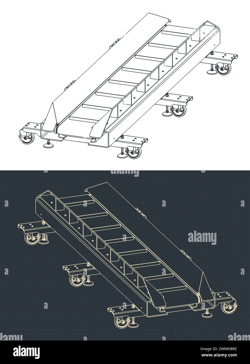 Stylized vector illustrations of isometric blueprints of reinstallable belt conveyor Stock Vector