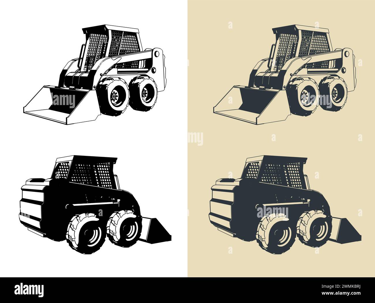 Stylized vector illustrations of a skid-steer loader Stock Vector