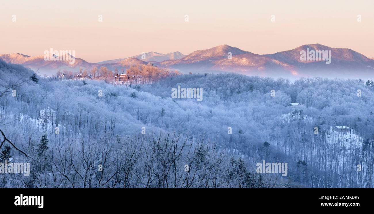 Rime ice covers trees in this early morning view over the Blue Ridge Mountains near Weaverville; North Carolina, United States of America Stock Photo