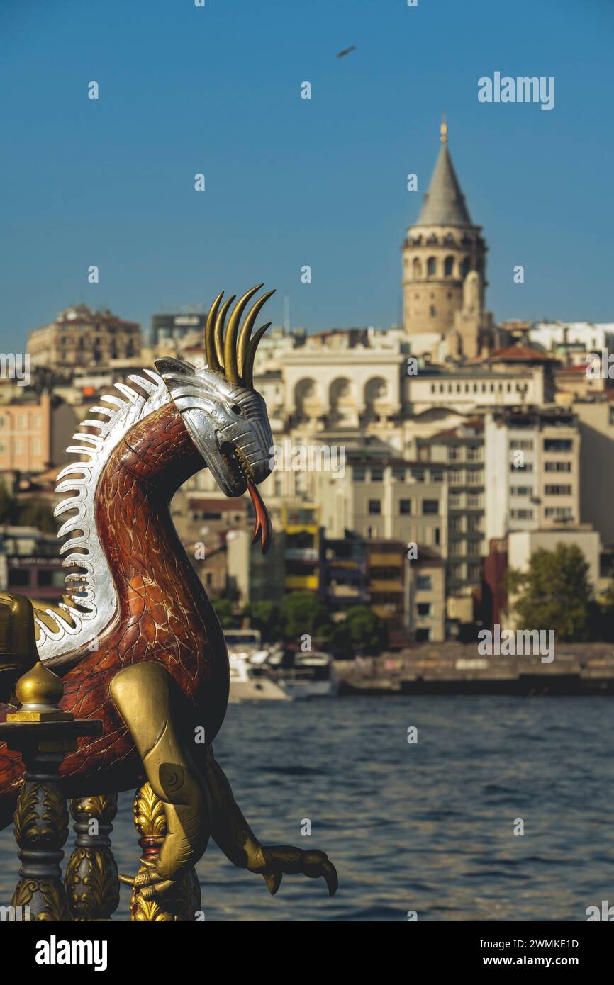 Galata Tower and sculpture in Beyoglu; Istanbul, Turkey Stock Photo