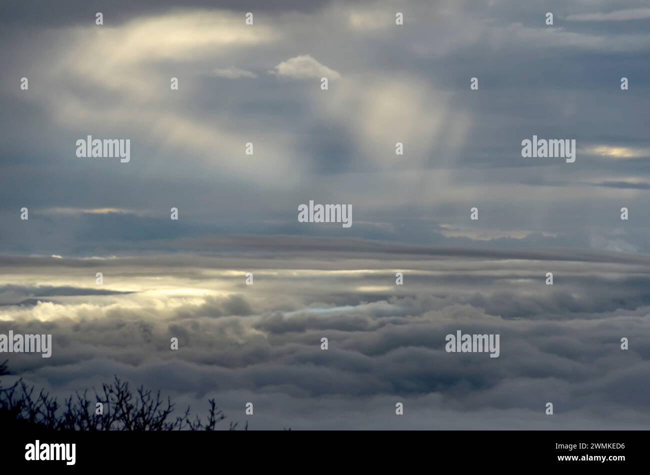 Sunlight shines through clouds on a sea of clouds below; Fairview, North Carolina, United States of America Stock Photo