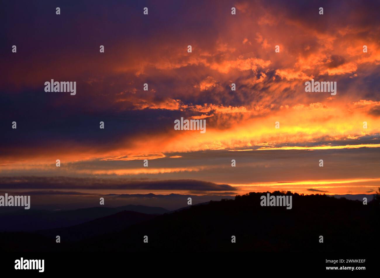 Vibrant sunset colours over the Blue Ridge Mountains; United States of America Stock Photo