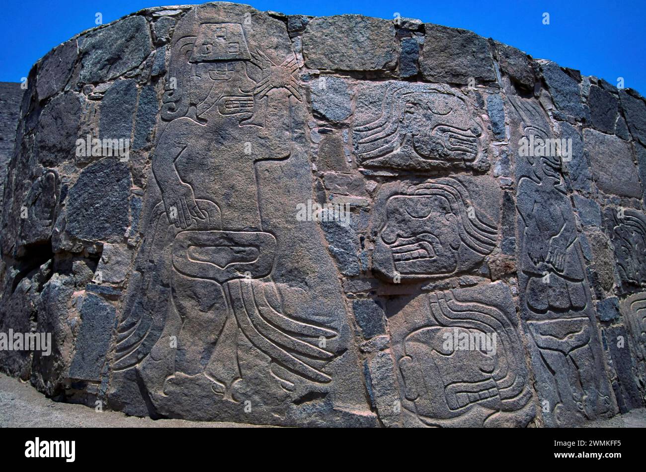 Pre-Columbian reliefs in stone at the Sechin ruins near Casma dating ...