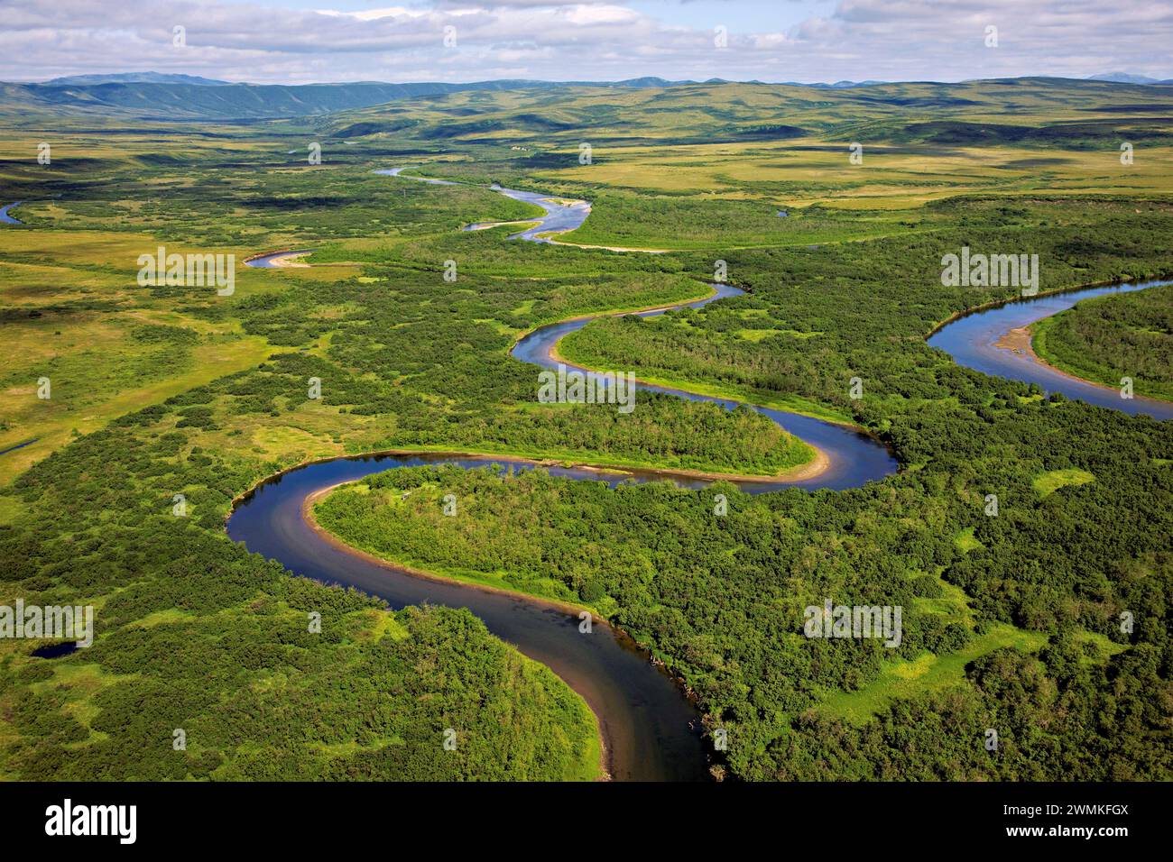 River ecosystem for salmon spawning is braided and full of nutrients as it meanders through the tundra; Kamchatka, Russia Stock Photo