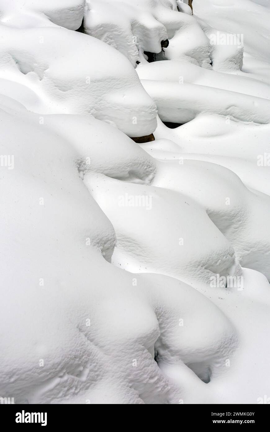 Close-up of snow covered rocks creating a contoured snow scene along a cliff; Lake Louise, Alberta, Canada Stock Photo