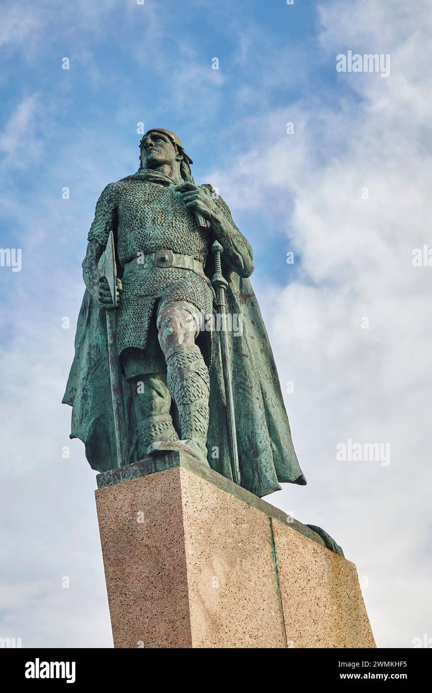 Statue of Leif Erikson at Hallgrimskirkja Church in Reykjavik; Reykjavik, Iceland Stock Photo