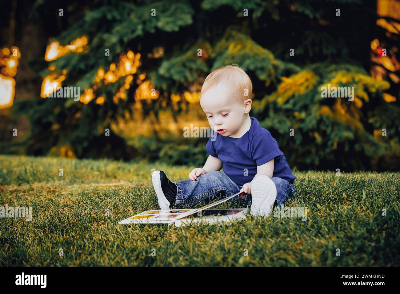 Baby boy with Down syndrome sitting on grass in a city park and looking at a book during a warm fall afternoon; Leduc, Alberta, Canada Stock Photo