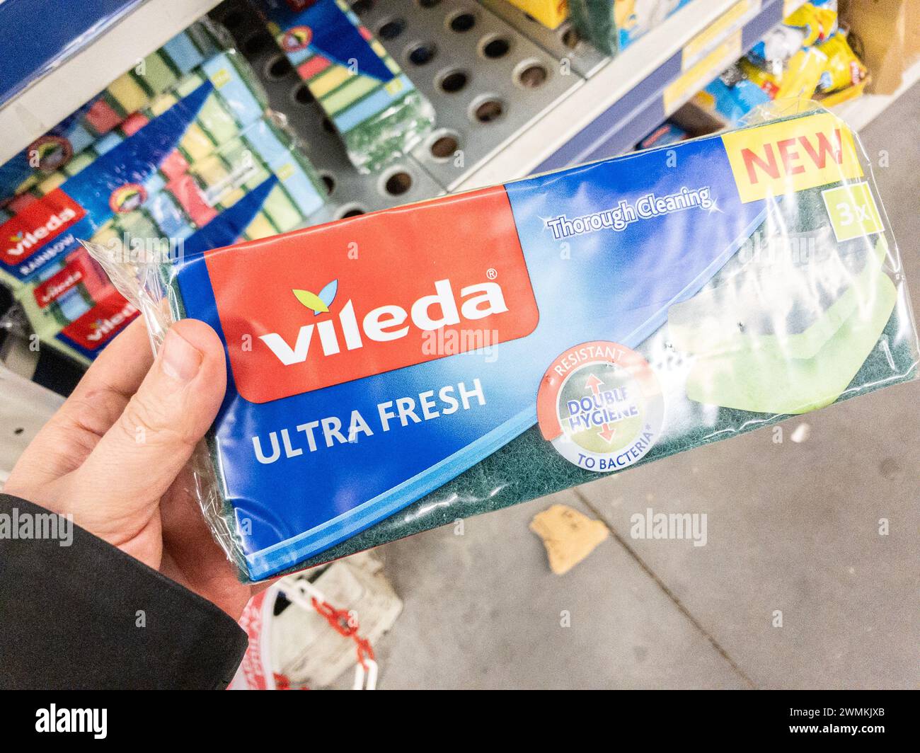 Picture of a sign with the logo of Vileda on a pack of sponges in Belgrade. Vileda is a brand that specializes in home cleaning products, such as mops Stock Photo