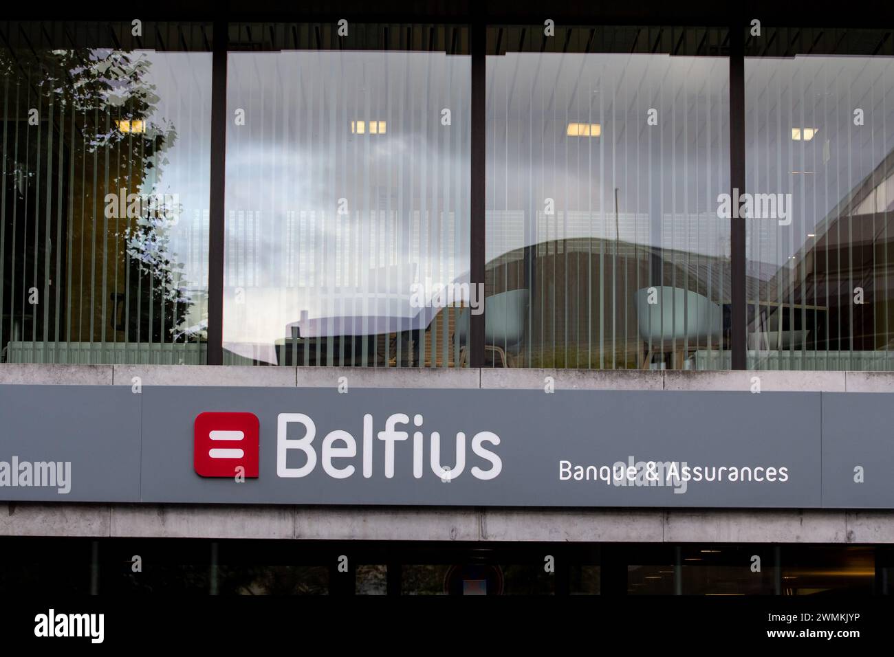 Picture of a sign with the logo of Belfius logo on their main office for Liege in Belgium. Belfius Bank and Insurance, known as Dexia Bank Belgium unt Stock Photo