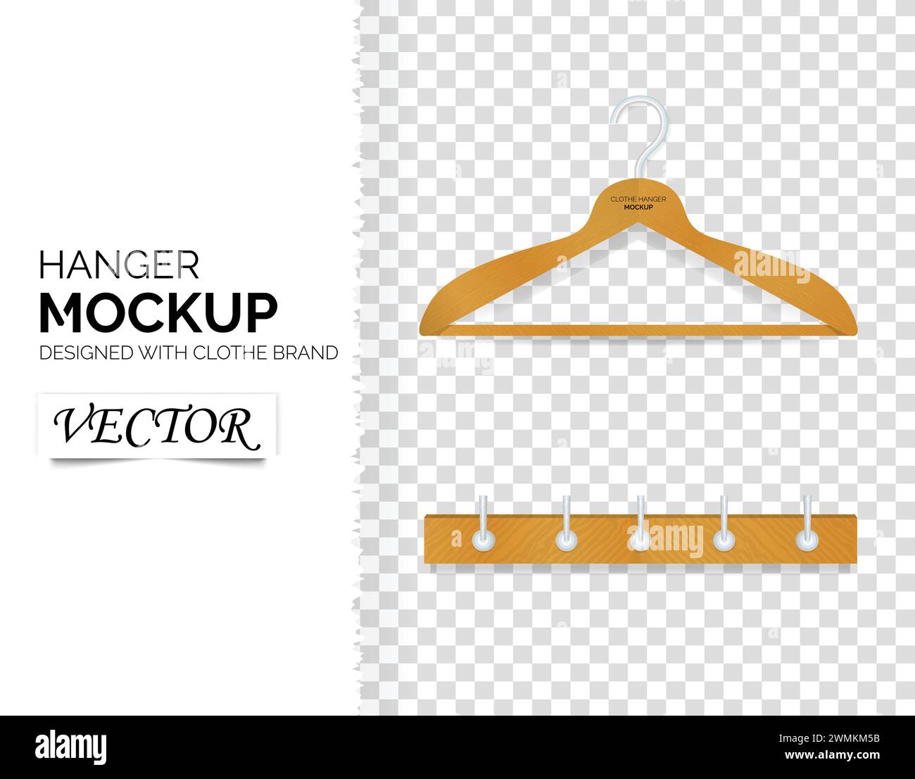 Realistic clothes wooden hanger or hook wall vector design template, clipart or mock up for advertising Stock Vector