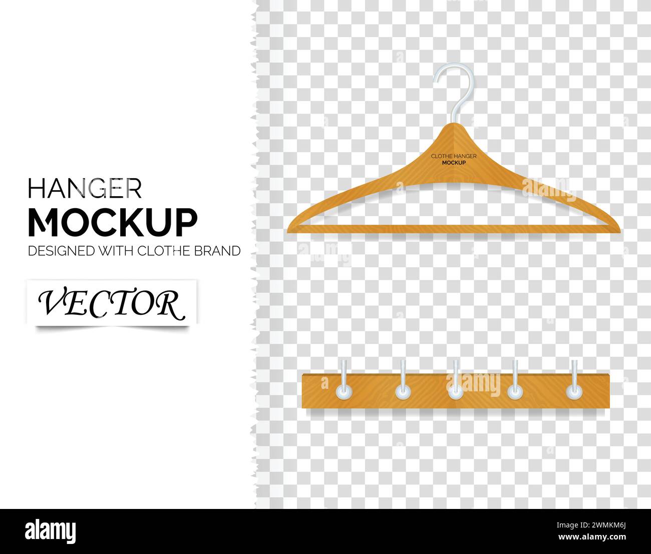 Realistic clothes wooden hanger or hook wall vector design template, clipart or mock up for advertising Stock Vector