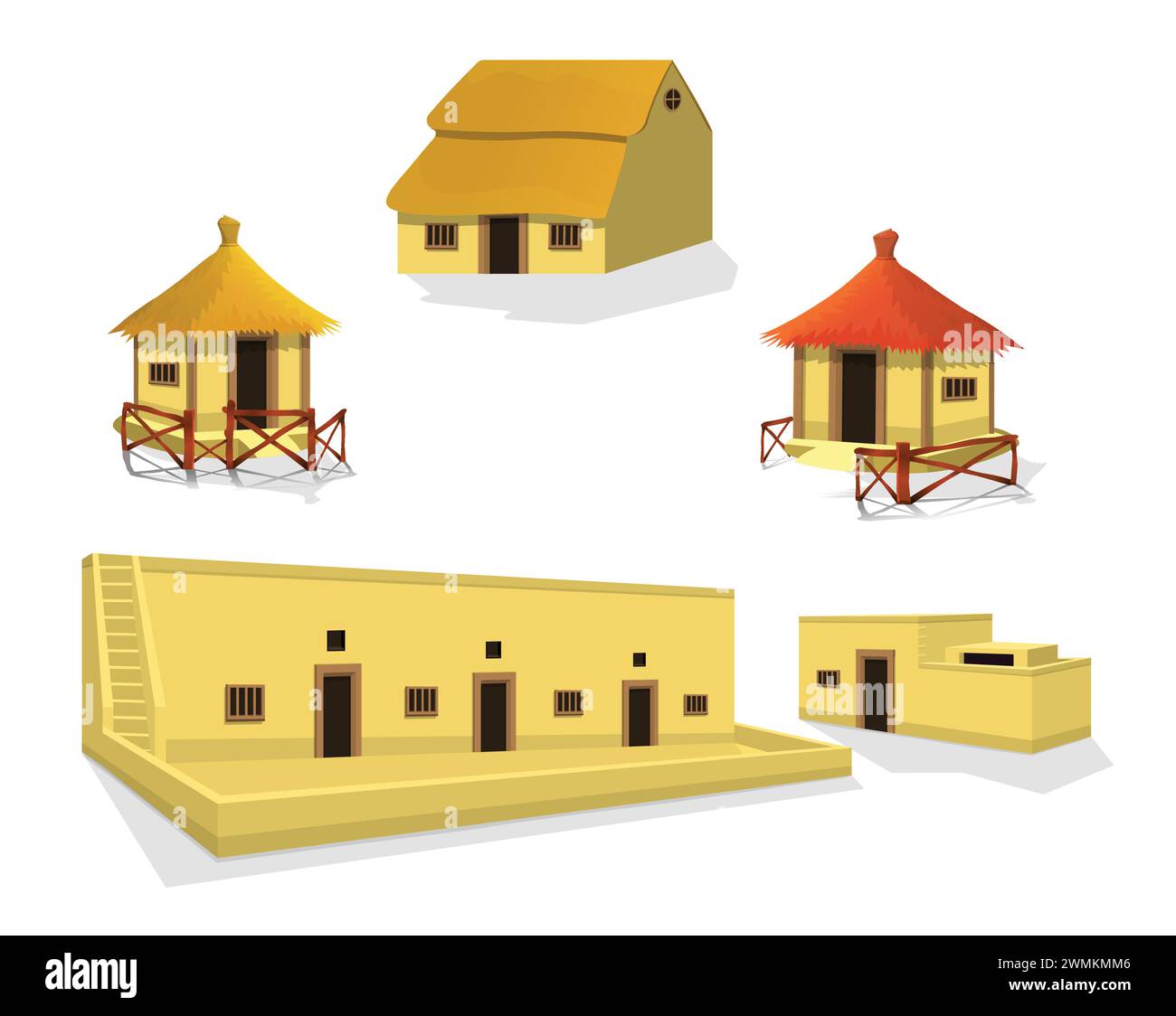 African style traditional mud house collection, african or asian tribes, bungalow with thatched roof clip art vector illustration Stock Vector