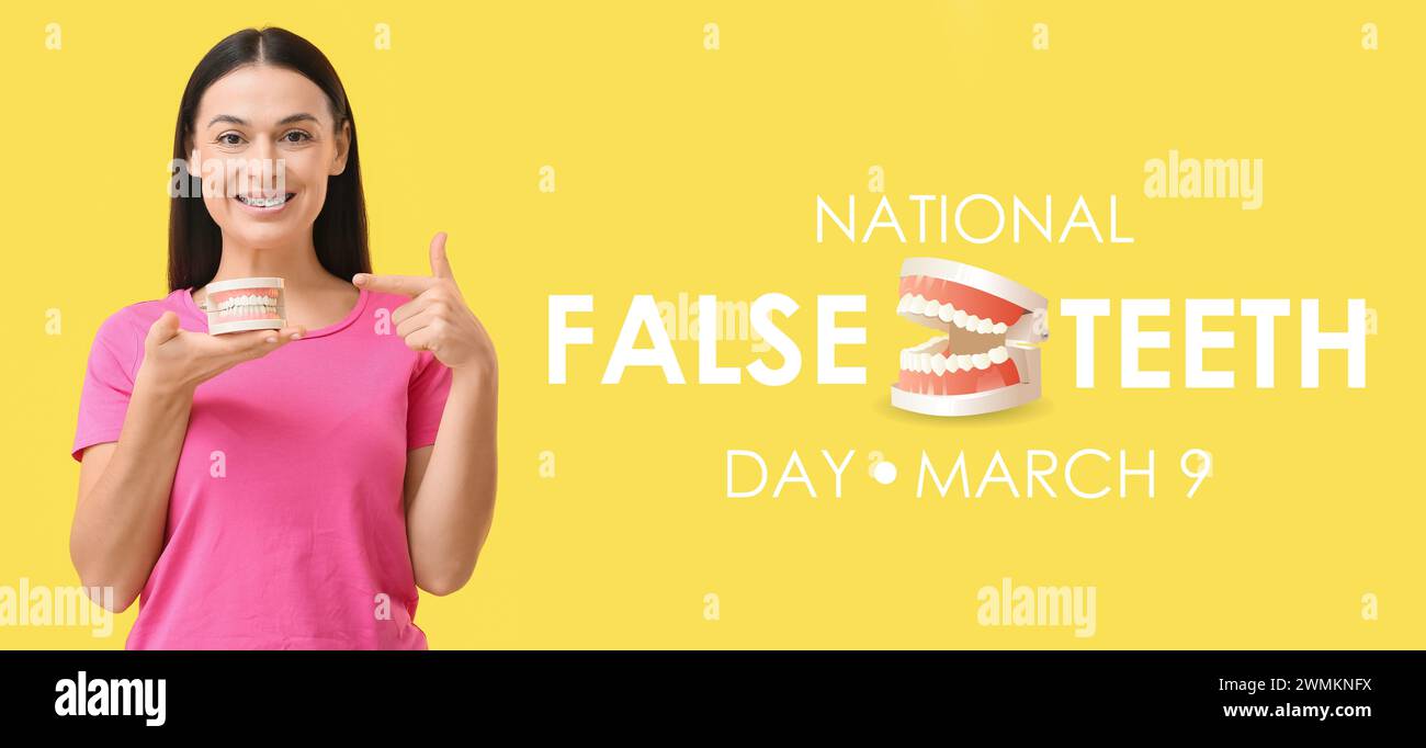 Banner for National False Teeth Day with woman and model of jaw Stock Photo