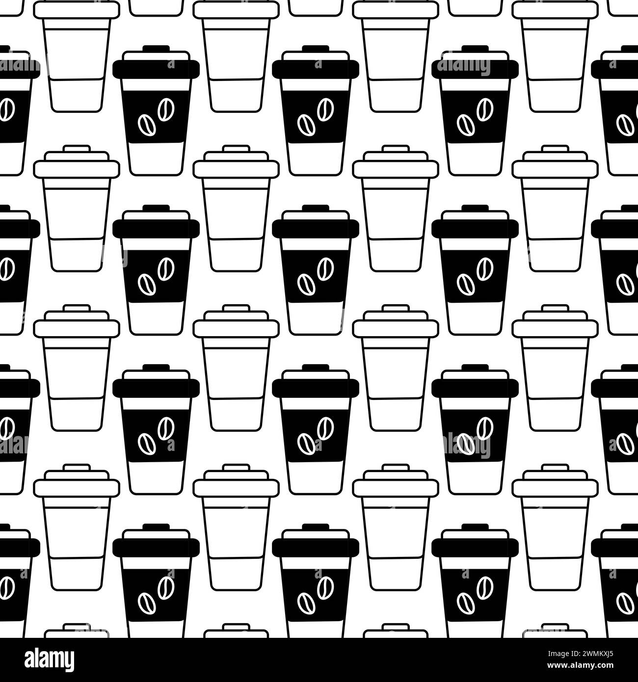 Disposable coffee cups seamless pattern. Abstract outline drawn
