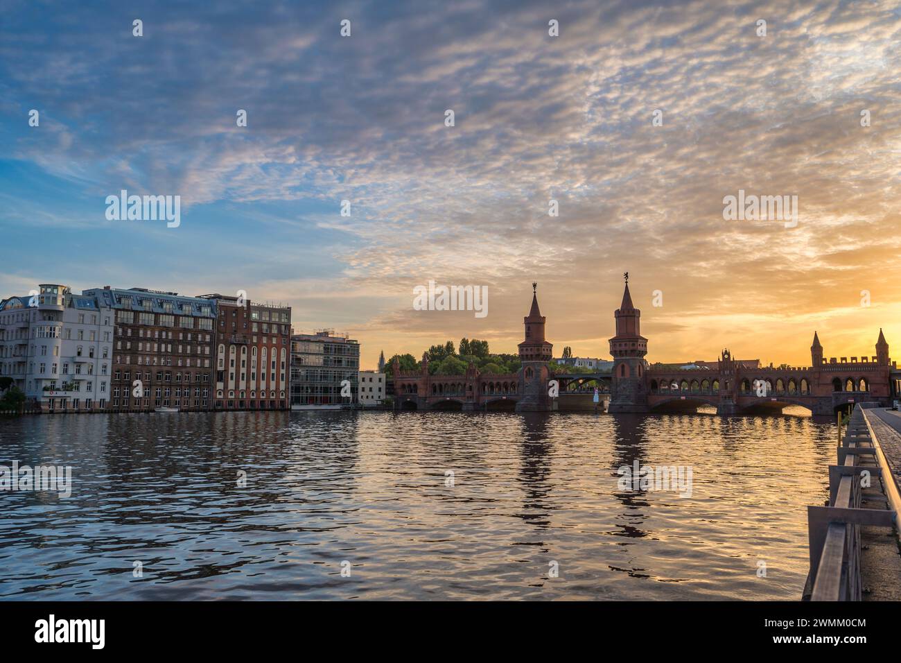 Berlin Germany, sunset city skyline at Oberbaum Bridge and Spree River ...
