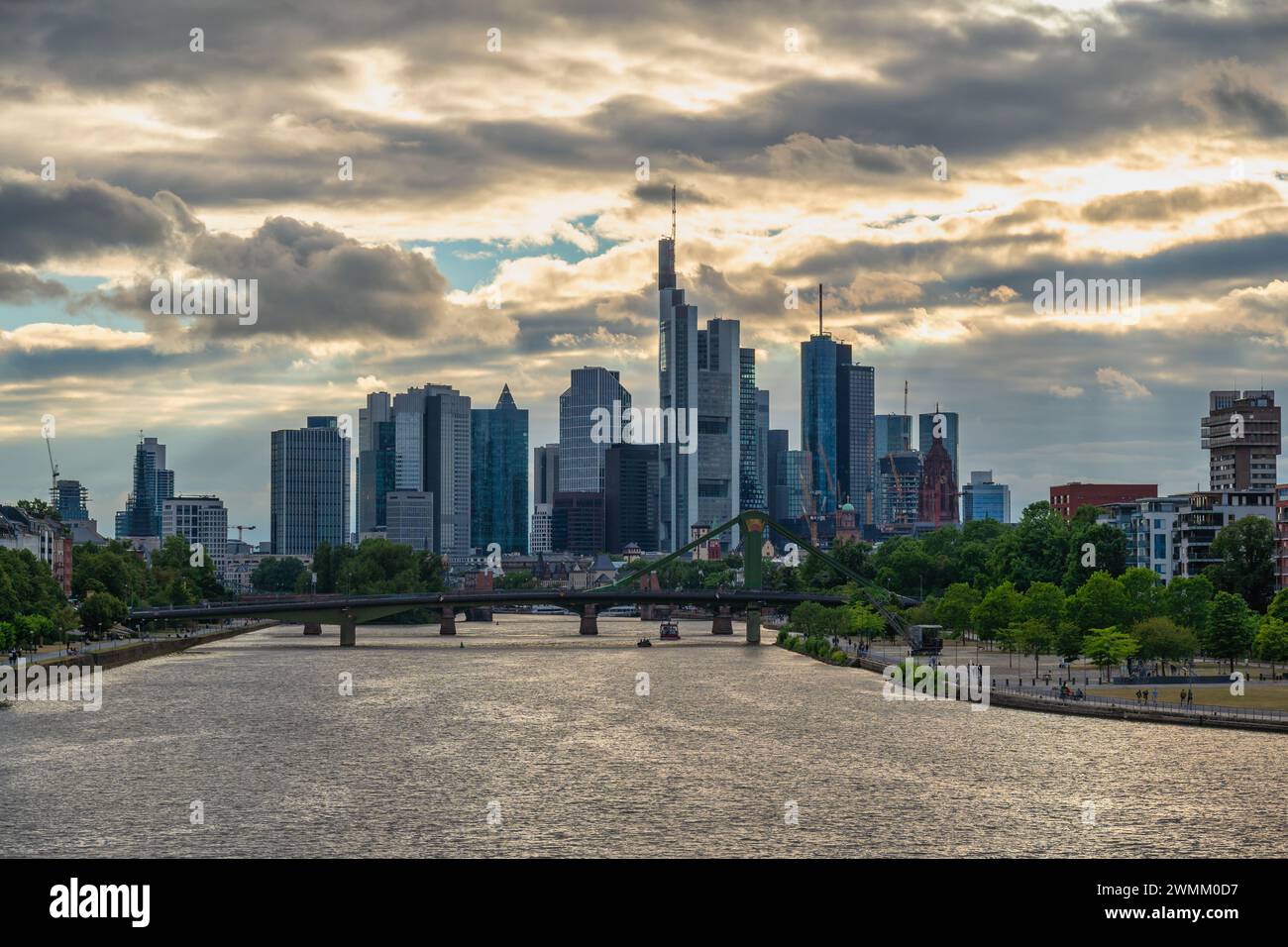 Frankfurt Germany, sunset city skyline at Main River and business skyscraper Stock Photo