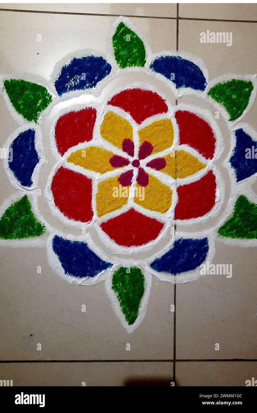 View of geometrical shaped, colorful and skilful rangoli art Stock Photo