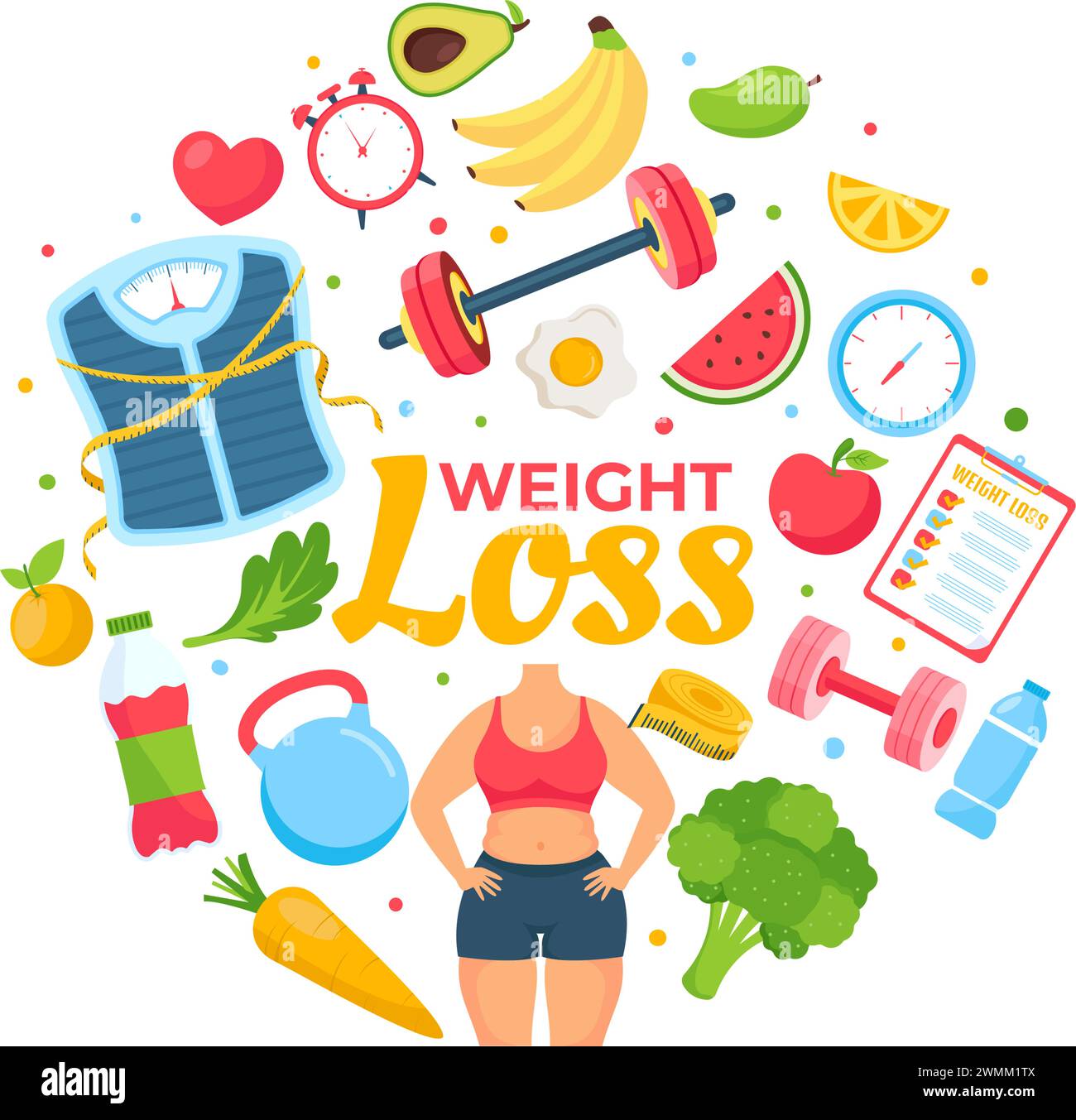 Weight Loss Vector Illustration of Woman Body Transformation Concept with Fitness, Sport, Diet and Healthy Lifestyle in Flat Cartoon Background Stock Vector