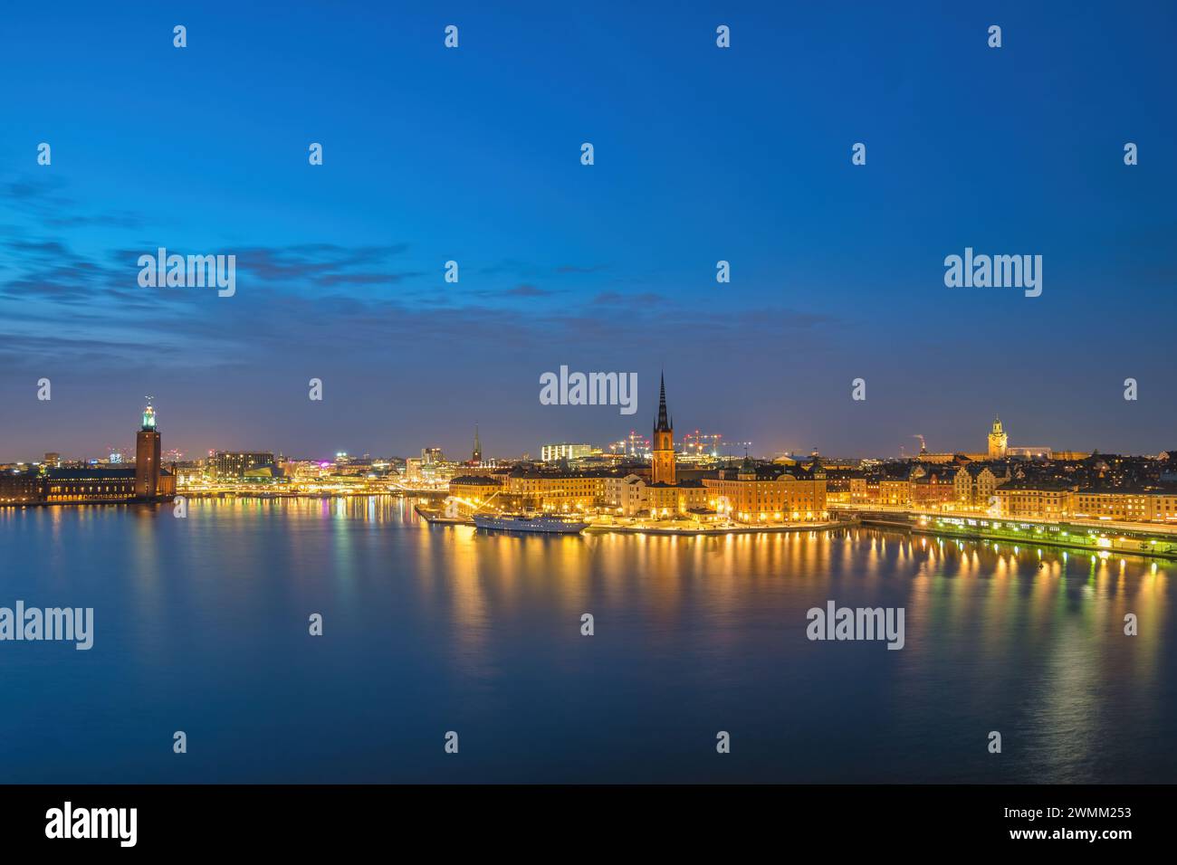 Stockholm Sweden, night city skyline at Stockholm City Hall and Gamla Stan Stock Photo