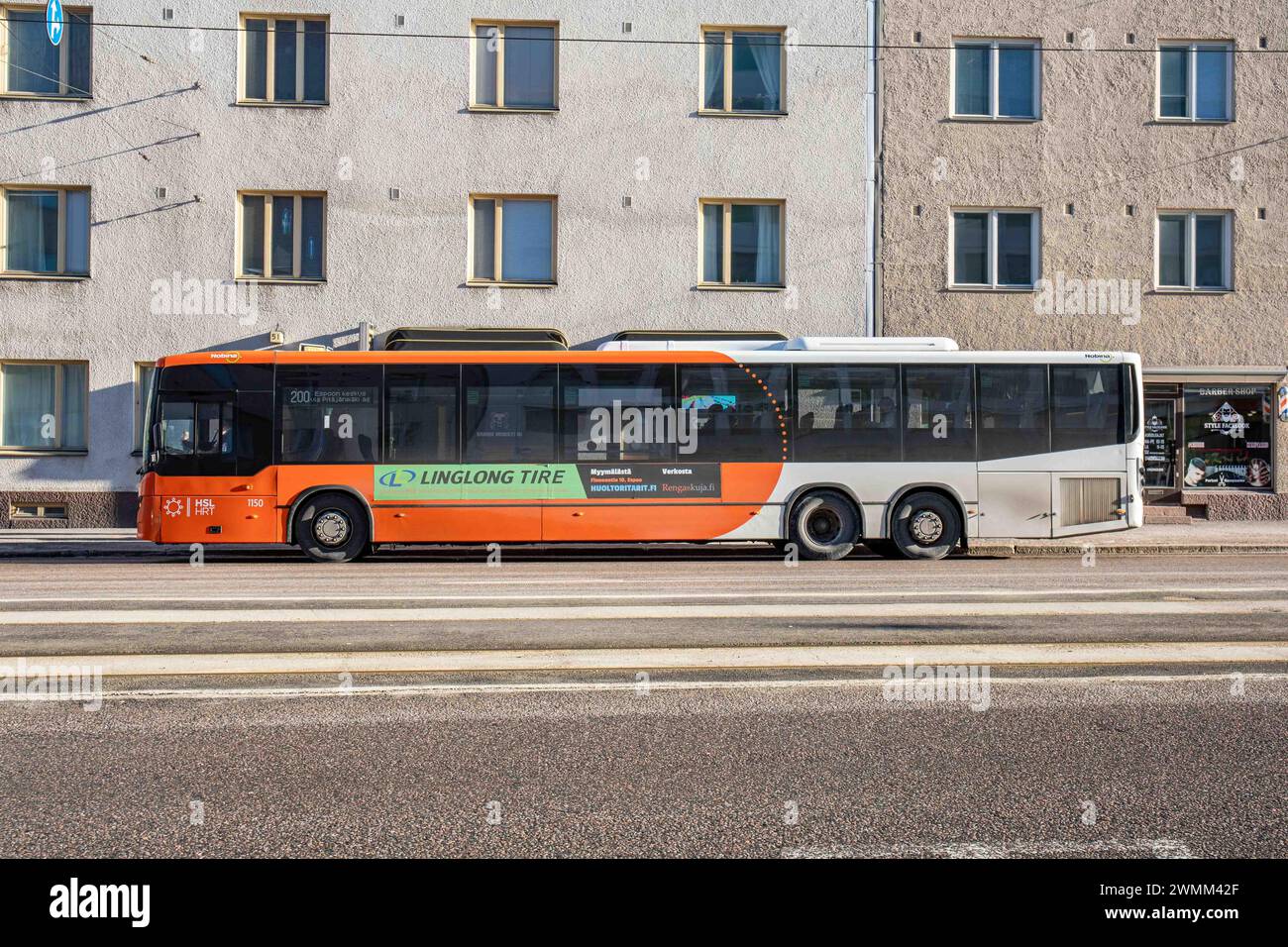 Nobina bus at Kansaneläkelaitos bus stop on Mannerheimintie in Taka-Töölö district of Helsinki, Finland Stock Photo