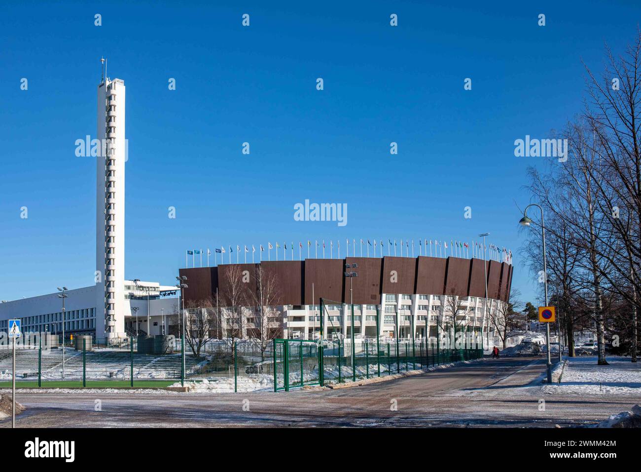 Functionalist style of Helsinki Olympic Stadium, designed by Toivo Jäntti and Yrjö Lindegren and completed in 1938, in Helsinki, Finland Stock Photo