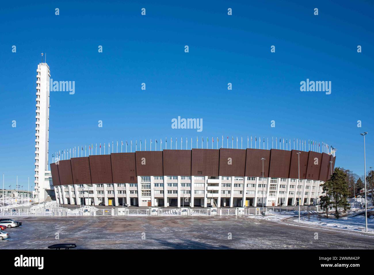 Functionalist Helsingin Olympic Stadium, designed by Toivo Jäntti and Yrjö Lindegren, completed in 1938, in Taka-Töölö district of Helsinki, Finland Stock Photo