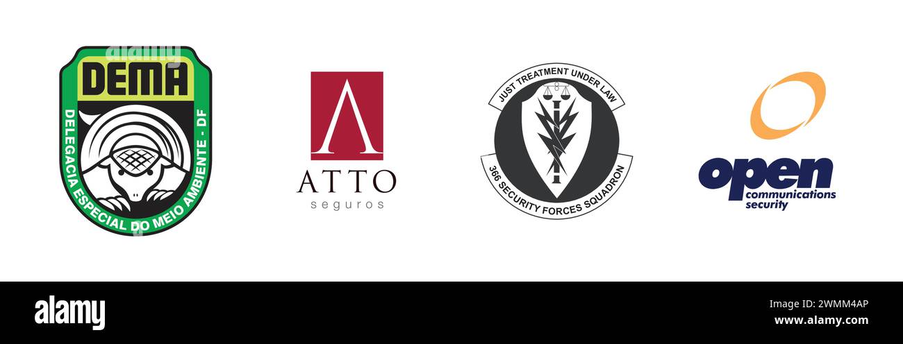 EMBLEM OF 366 SECURITY SQUADRON, DEMA DF, Open Communication Security, Atto Seguros. Editorial vector logo collection. Stock Vector