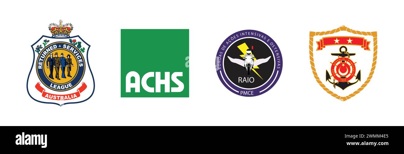 Sahil Guvenlik Komutanligi, Raio PMCE, RSL - Returned & Services League, ACHS. Editorial vector logo collection. Stock Vector