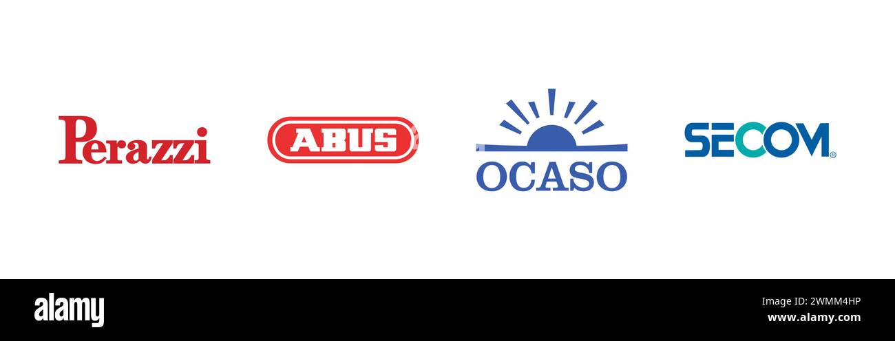 Abus, Perazzi, SECOM, Ocaso. Editorial vector logo collection. Stock Vector