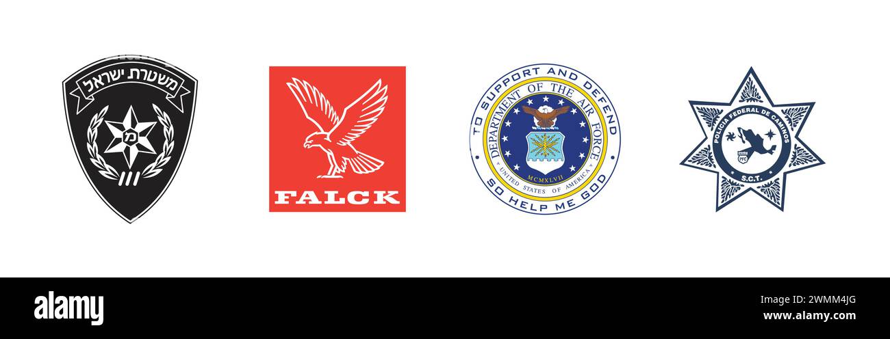 Department of the Air Force USA, Policia Federal de Caminos Mexico, Police Israel, Falck. Editorial vector logo collection. Stock Vector