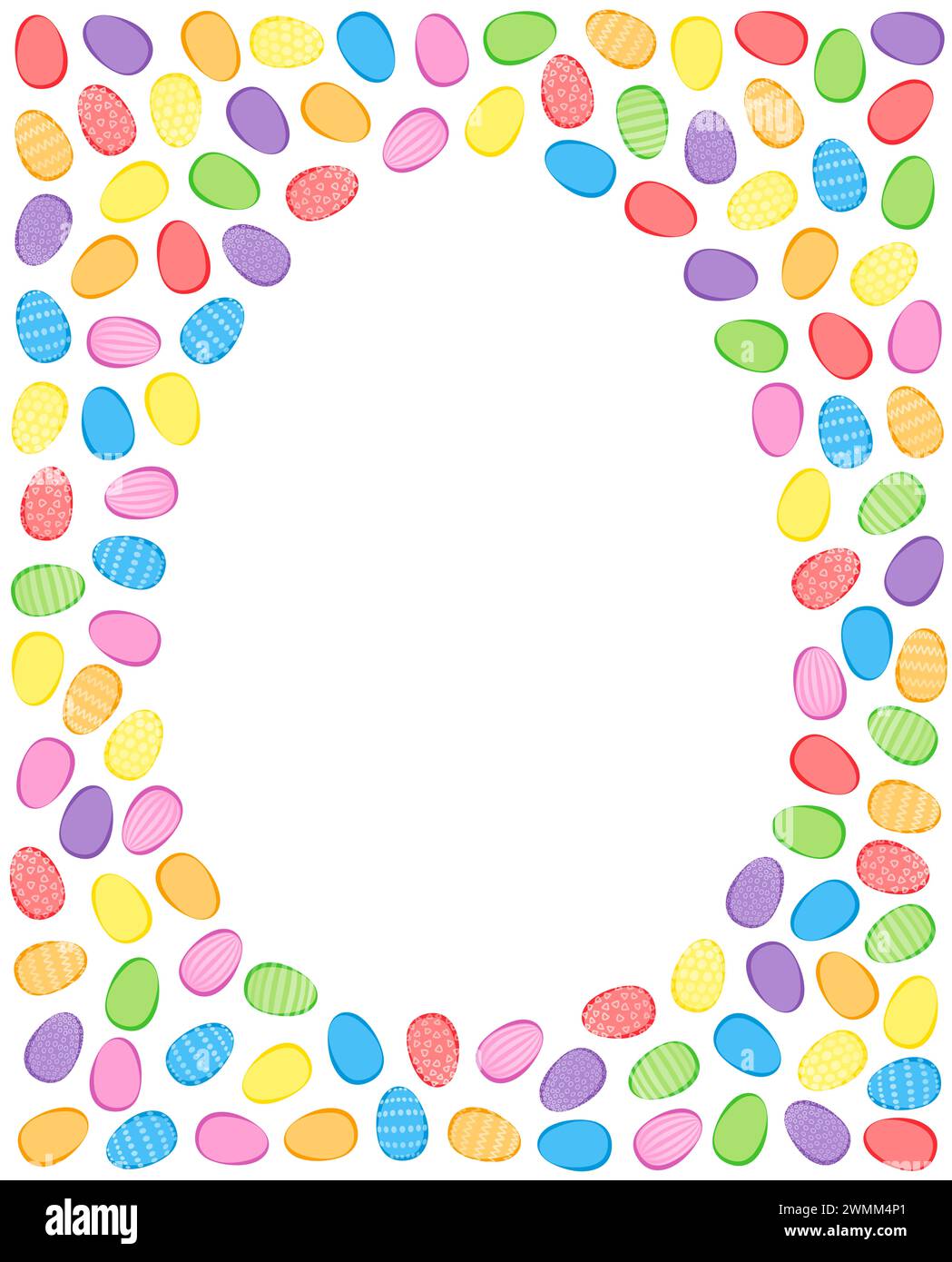 Colorful Easter egg background. Numerous easter eggs, colored and with decorative patterns, criss-cross and randomly arranged around empty egg shape. Stock Photo