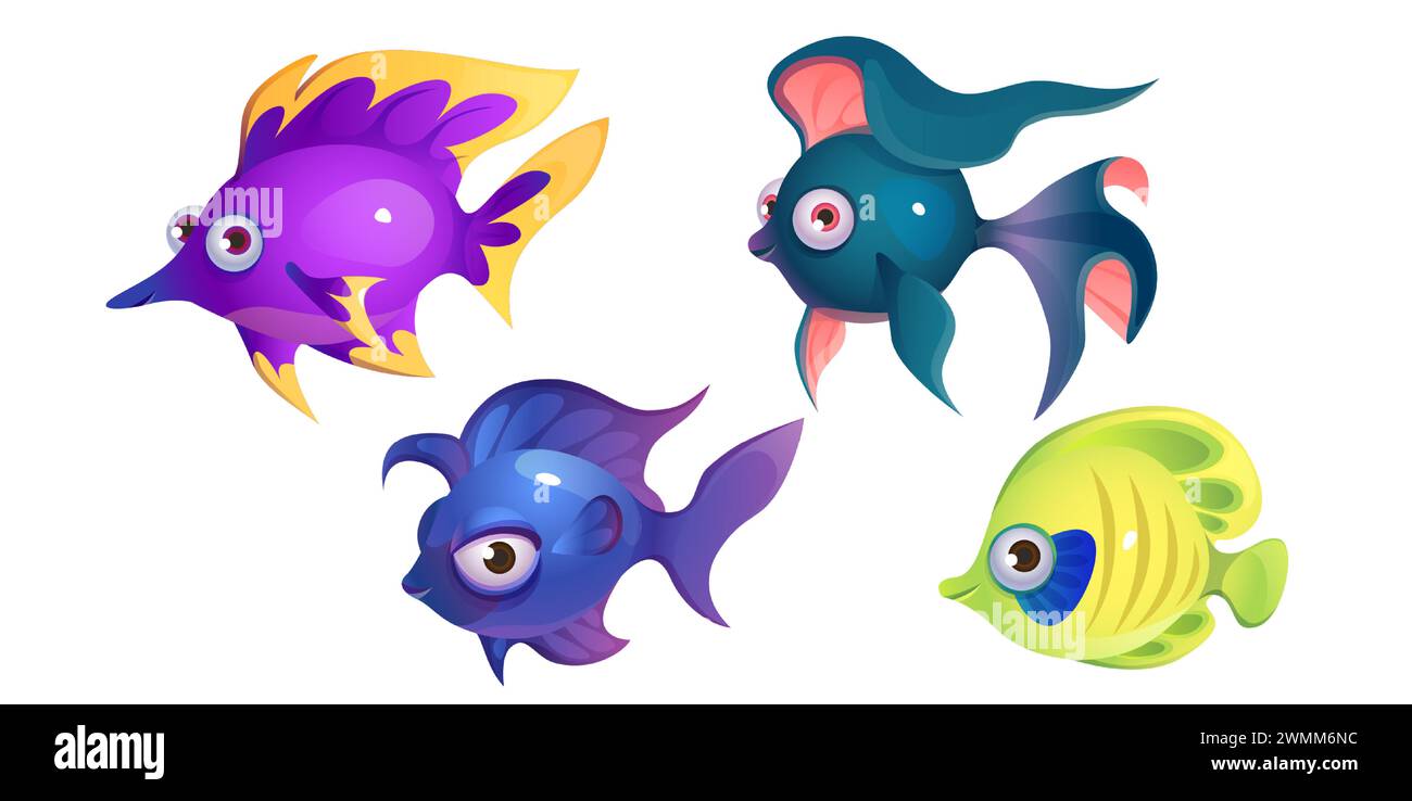 Cute cartoon fish with fin and smiling lips. Vector illustration set of ...