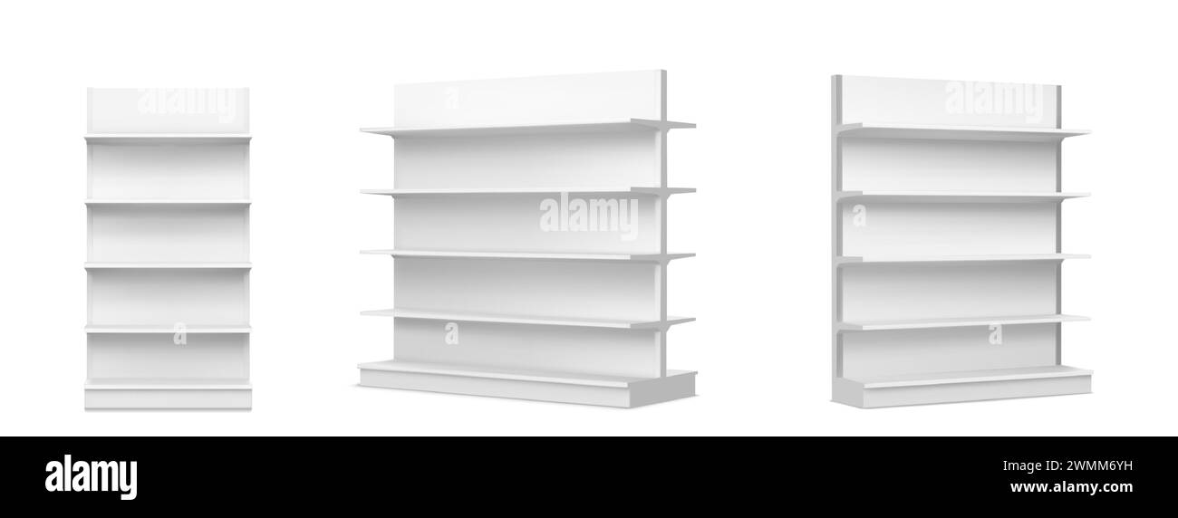 White empty supermarket shelf mockup with racks for product display. Realistic 3d vector illustration set of bookcase stand in different angles of view. Blank mock up of store promotion equipment. Stock Vector